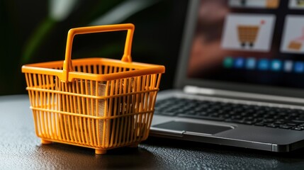 Small orange shopping basket sits beside a laptop, suggesting online shopping.