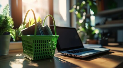A green basket filled with items sits beside a laptop on a wooden desk, bathed in sunlight.