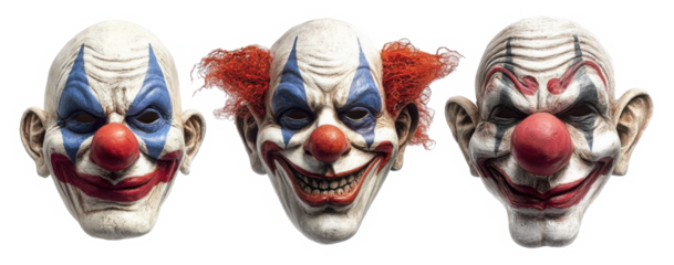 Scary horror clown mask isolated on transparent background - Generative AI
