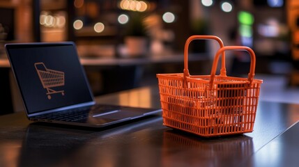 Online shopping experience; laptop displaying shopping cart beside empty orange basket.