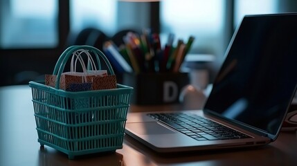 A miniature shopping basket sits on a desk next to an open laptop and a container of pens.