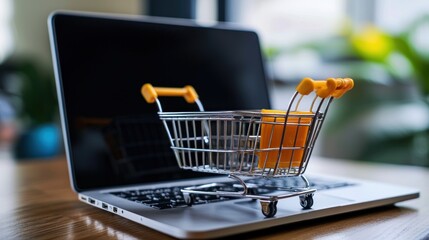 A miniature shopping cart sits on a laptop keyboard, suggesting online shopping or e-commerce.