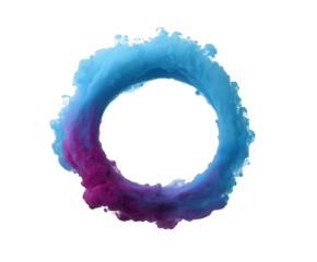 Abstract circular smoke ring with vibrant blue and purple colors, isolated on transparent background, symbolizing energy and transformation