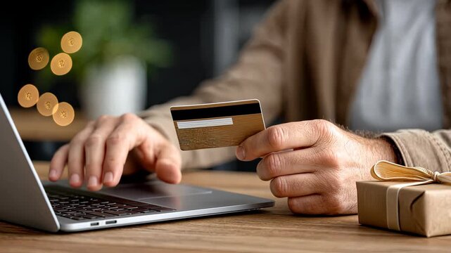 Shopping online with a credit card while sitting at a wooden table with a gift box nearby in a cozy indoor space
