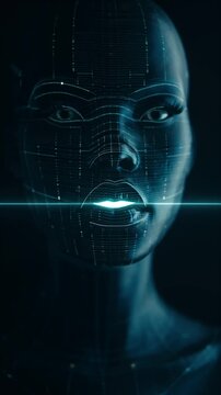 Futuristic mannequin with scanning light beam across face. Tech face scan