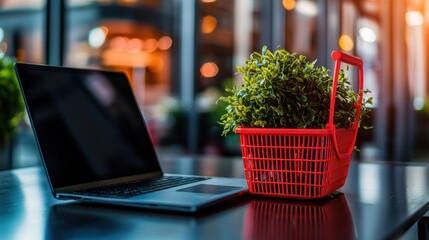 Laptop on a table next to a red shopping basket filled with green plants, suggesting online shopping for eco-friendly products.