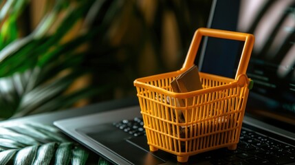 A miniature shopping cart sits on a laptop, signifying online retail and commerce.
