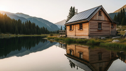 Obraz premium side view photo of a wooden off-grid cottage with solar panels on the roof, located right at the edge of a mountain lake