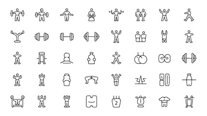 A collection of clean, modern fitness and gym icons designed with thin lines and fully editable strokes for versatile use.