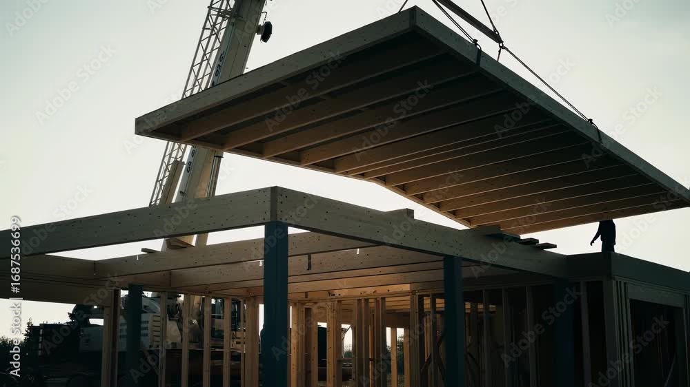 Poster crane lifting a wide timberframe roof panel over partially completed wooden structure illustrating c