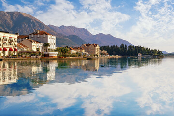 Naklejka premium Beautiful winter Mediterranean landscape. Montenegro, Adriatic Sea. View of Tivat city and Bay of Kotor