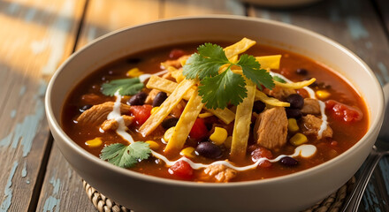Hearty chicken tortilla soup with fresh cilantro and cream drizzle