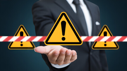 Businessman presents warning signs and caution tape, signaling risk and danger in corporate strategy
