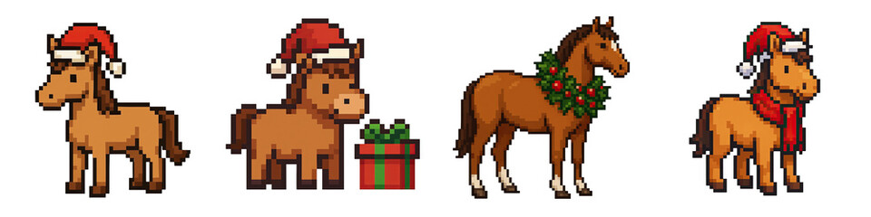 Fototapeta premium Pixel art Christmas animals feature horses wearing festive hats and scarves with gifts and wreaths creating joyful holiday scene