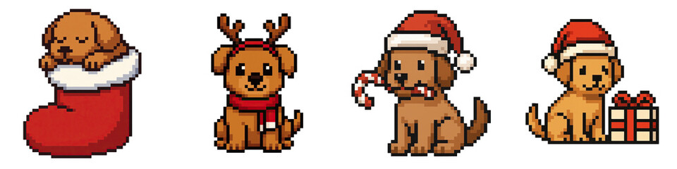 Fototapeta premium Christmas pixel art features animals like dogs with festive hats and gifts creating joyful holiday scene in charming pixel style