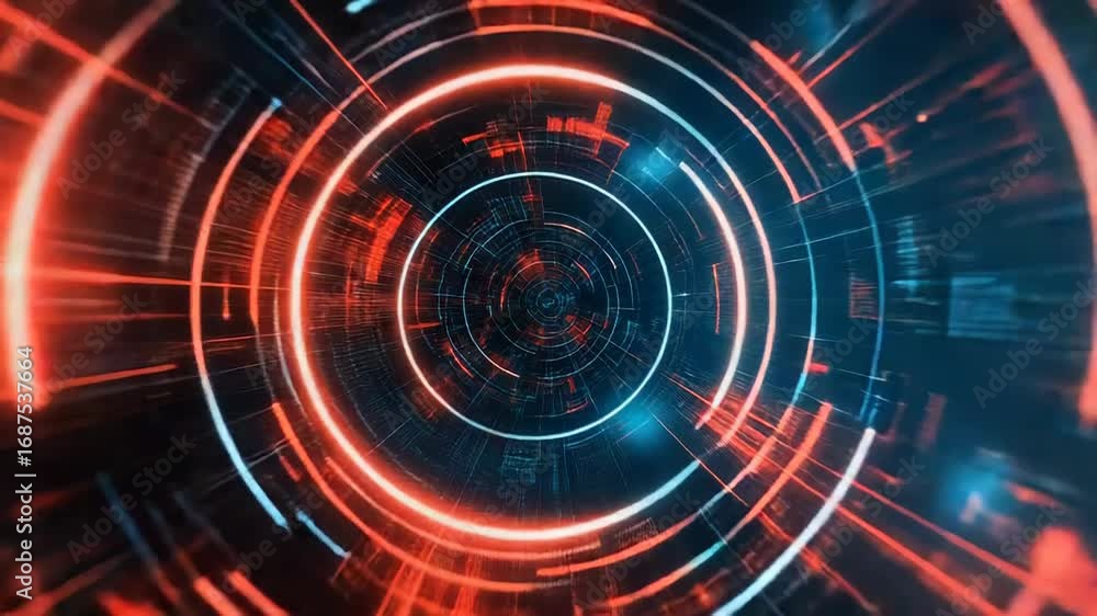 Poster futuristic glowing red and blue concentric circles creating a tunnel effect