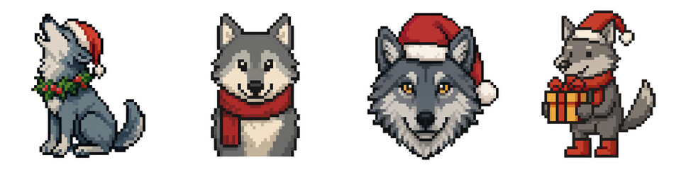 Obraz premium Christmas animals pixel art featuring festive wolves wearing Santa hats and scarves in charming pixel style full of holiday spirit