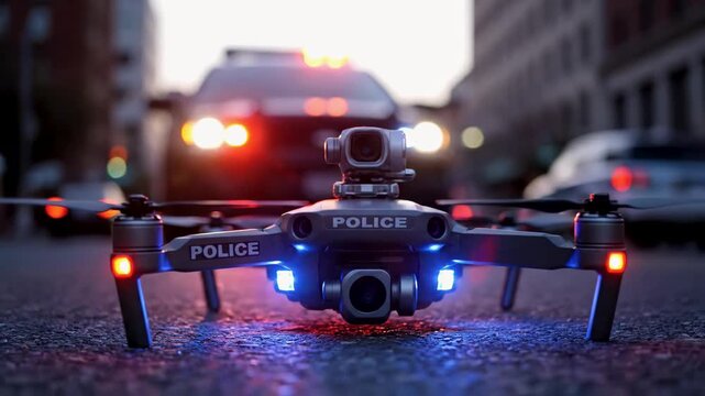 Police surveillance drone with camera and flashing lights in urban street environment