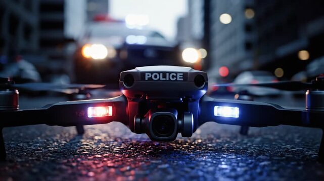 Police drone surveillance in urban evening with patrol cars and flashing lights