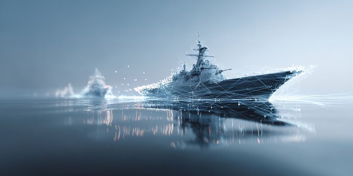 White warship floating on the sea with network connections and data points overlay, futuristic concept of naval technology and maritime communication