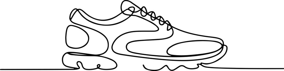 One line art drawing of a sneaker. Minimalist continuous line illustration of athletic footwear