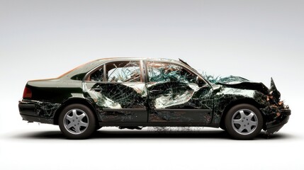 Severely damaged car with shattered windows and crushed bodywork, shown in a studio setting.