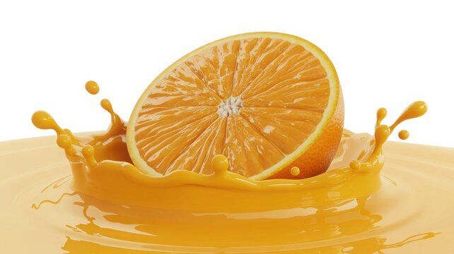 Orange's Fresh Splash: A vibrant shot of an orange half plunging into its own juicy embrace, creating a dynamic splash, symbolizing freshness and healthy living.