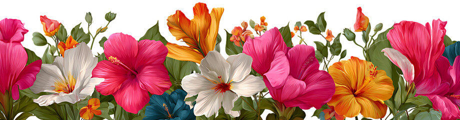 Vibrant tropical flower border displaying pink orange and white blooms for summer decor
