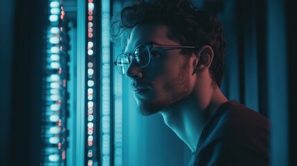 A young man with glasses examines a server rack in a dimly lit, blue and red toned data center.