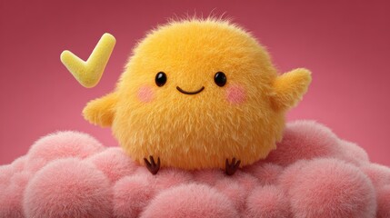 Cute Yellow Plush Chick Toy Sitting on Pink Fluffy Clouds with Smiling Face and Cheek Blush in Soft Pastel Colors