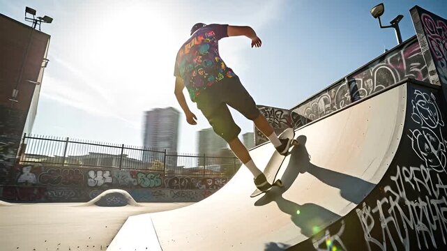 Dynamic Skateboarder Performing Tricks in Urban Skatepark Under Sunny Sky, Intense Action