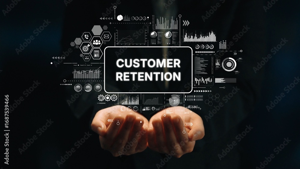 Poster hands holding symbols of customer retention with graphs and data analytics concepts overlay. asympto