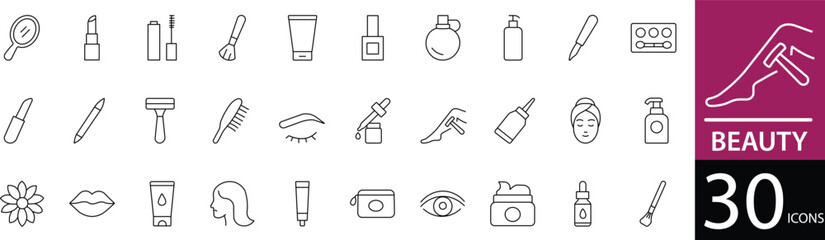 Minimal Beauty Line Icon Set 30 Elegant Outline Symbols for Makeup, Skincare, and Salon Design