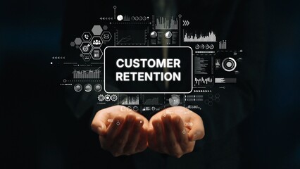 Hands Holding Symbols of Customer Retention with Graphs and Data Analytics Concepts Overlay. Asymptotic smart data analytic.