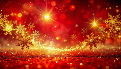 A red Christmas background with glowing gold stars and bright holiday light decorations