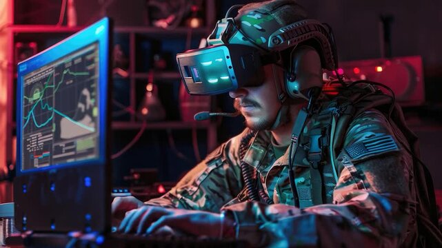 A person wearing a military uniform uses a virtual reality headset for training or entertainment