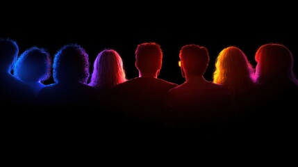 Silhouettes of people are illuminated with vibrant, colorful lights against a dark background, creating a sense of mystery and unity.