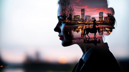 Woman's profile silhouette overlaid with a cityscape and a horseback rider at sunset, symbolizing inner thoughts and aspirations.