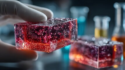 Scientist holds red crystal with bubbles in lab beaker