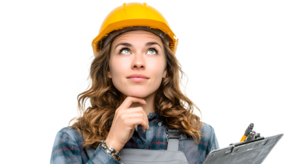 Female construction worker in hard hat holding clipbard, looking thoughtful, iolated on white background