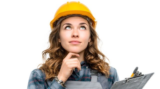 Female construction worker in hard hat holding clipbard, looking thoughtful, iolated on white background