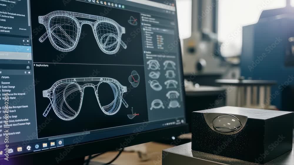 Poster computer screen displaying cad models of freeform ophthalmic lenses alongside the physical surfacing