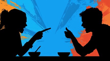 Silhouetted figures engaged in a heated argument, gesturing and yelling at each other.