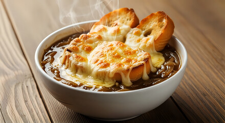 Delicious french onion soup with toasted bread and melted cheese