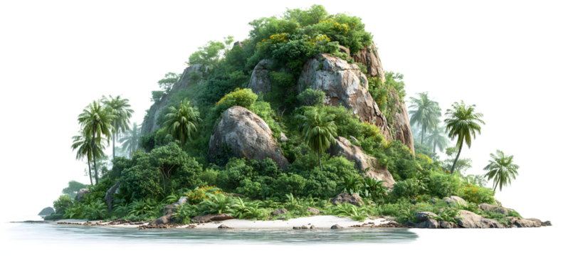 Tropical jungle island with dense green vegetation, solated on transparent cutut background