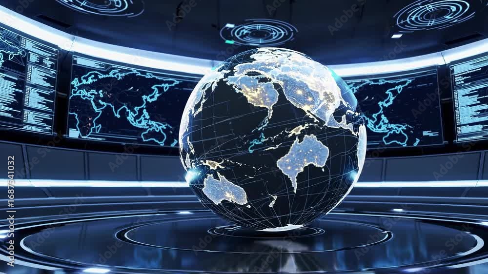 Poster futuristic video concept with a high-angle view of a digital globe in a control room, surrounded by 