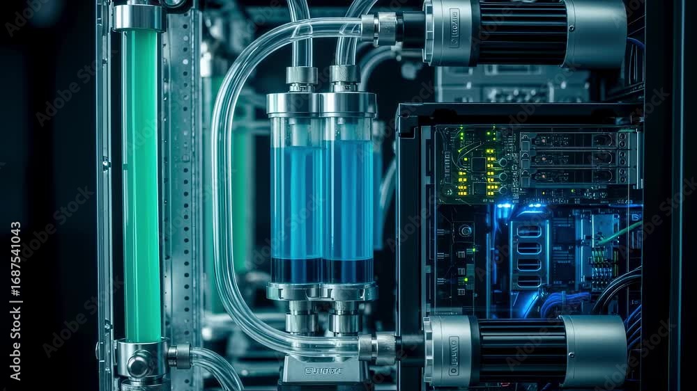 Poster Side perspective of coolant reservoirs and pump assemblies linked to a supercomputer unit highlighting the continuous liquid flow cycle.