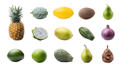 A vibrant collection of exotic and common fruits and vegetables, including pineapple, dragon fruit, pear, lime, onion, and various gourds, all isolated on a transparent background