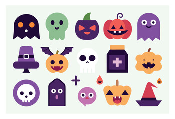 Fototapeta premium Halloween Icons Flat Design Illustration Set of Pumpkins Ghosts Skulls and Other Creepy Elements on Light Background