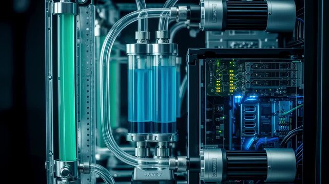 Side perspective of coolant reservoirs and pump assemblies linked to a supercomputer unit highlighting the continuous liquid flow cycle.